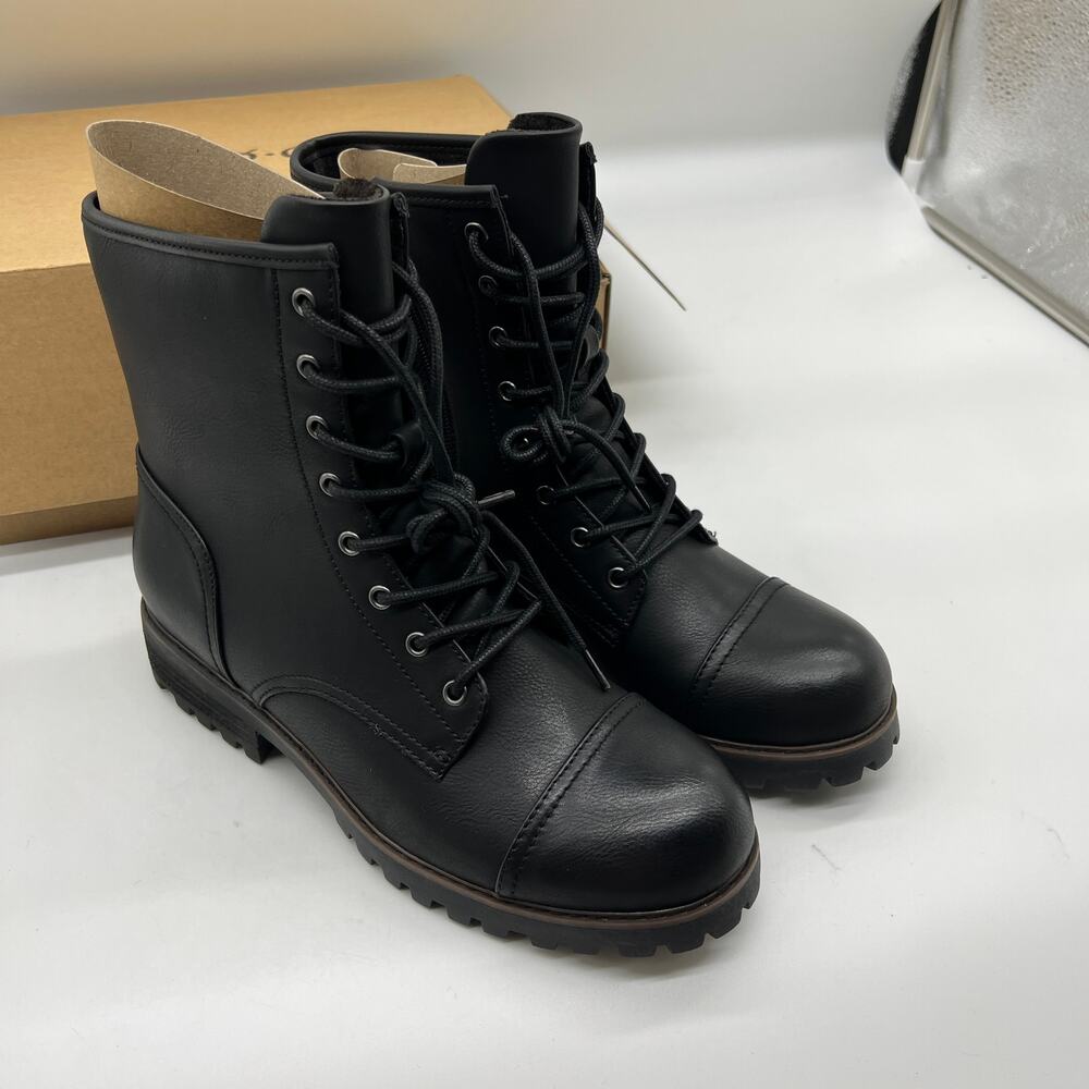 B.O.C Combat Boots Women's 9.5 M Black Lace Up Mid-Calf Round Toe PU